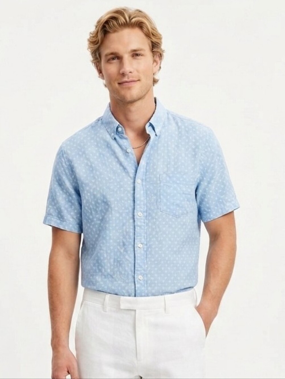 Banana Republic Blue Floral 100% Linen Camden Fit Short Sleeve Shirt Size L